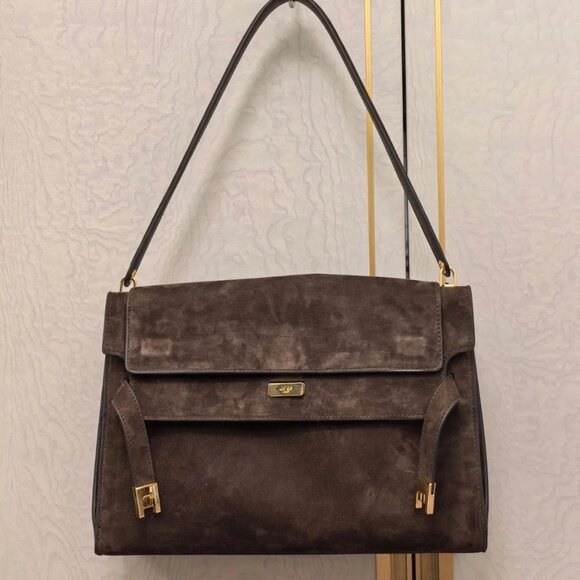 Auth Tory Burch Large Lee Radziwill Suede Shoulder Bag Dark Cocoa - Picture 9 of 9